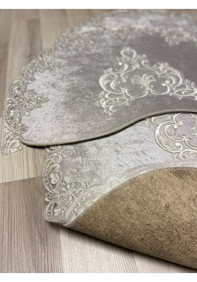 Milas Kaymaz Taban, Kadife Dantel Detaylı 2'li Süper Lüks Oval Banyo Paspası Seti, Gri, 60x100 Cm Çok Renkli