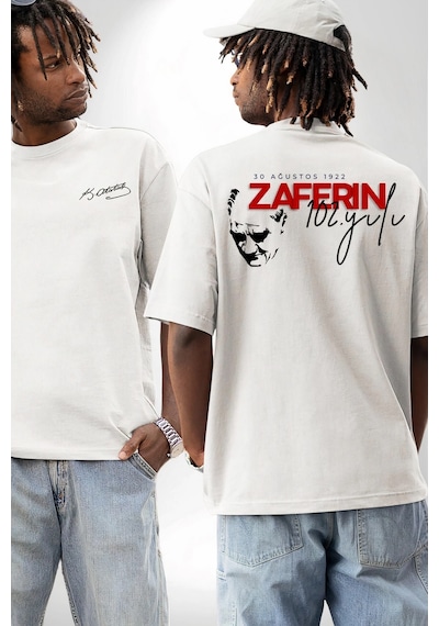 Barlashive 30 Ağustos Zafer Bayramı Ön Arka Baskılı Oversize Bisiklet Yaka T-shirt - Beyaz Çok Renkli