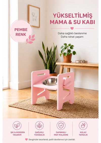 Açı Ve Yükseklik Ayarlı Ergonomik Kedi Mama Kabı- Köpek Mama Kabı Ayarlanabilir Pembe
