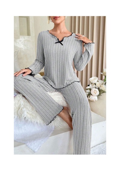Fantezia Night Kadın Gri Çizgili Uzun Kollu Fiyonk Detaylı Pijama Takımı Rahat Mevsimlik
