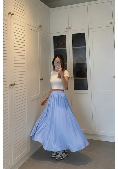 Kadın Mavi Poplin Kumaş Uzun Etek Beli Lastikli Günlük Maxi Etek 90 Cm Glmd-007-mv