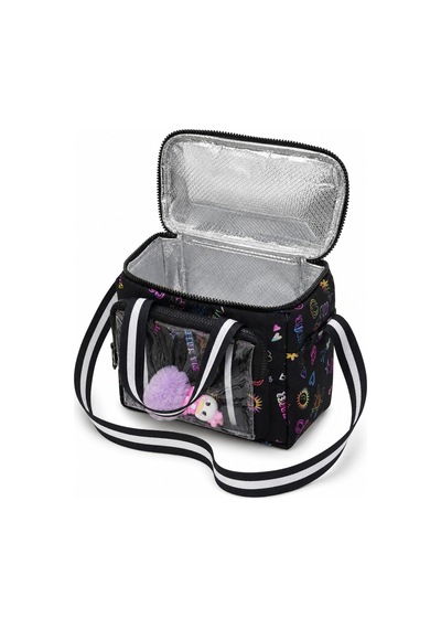 Çocuk Termal Okul Beslenme Çantası Şeffaf Cepli Peluş Aksesuarlı Omuz Askılı Lunch Bag Siyah