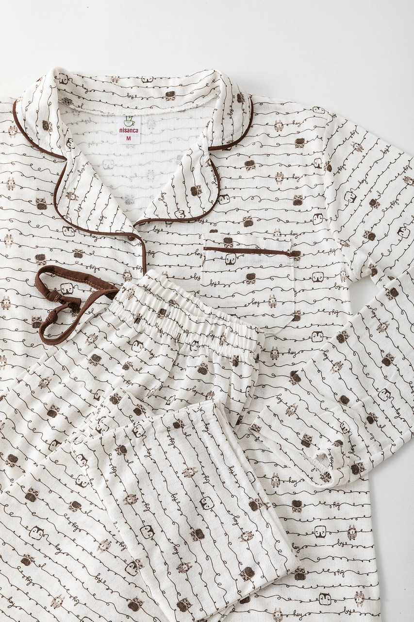 Nisanca Uzun Kol Gömlek Yaka Kadın Büyük Beden Pinterest Pijama Takımı - Mevsimlik Kadın Pijama Kahve