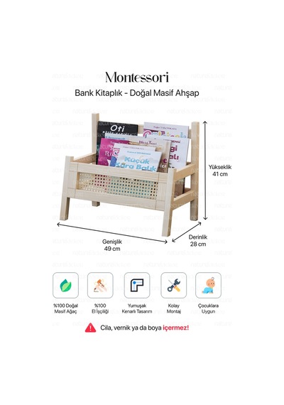 Baby Shark Hazeranlı Masif Ahşap Montessori Bank Kitaplık Ve Hazeran Dergilik Ahşap