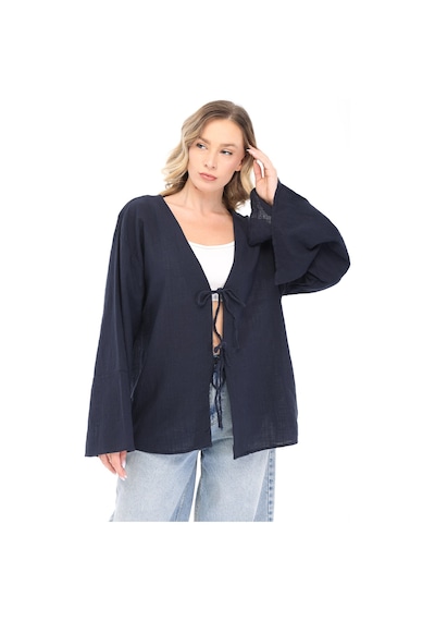 Blayn Jeans Blayn Kadın Keten Kimono Oversize Rahat Kalıp Yazlık Uzun Kollu Kimono Lacivert
