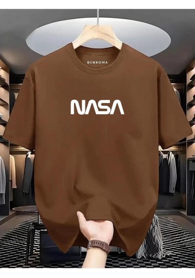 Nasa Baskılı Oversize Tişört Kahverengi
