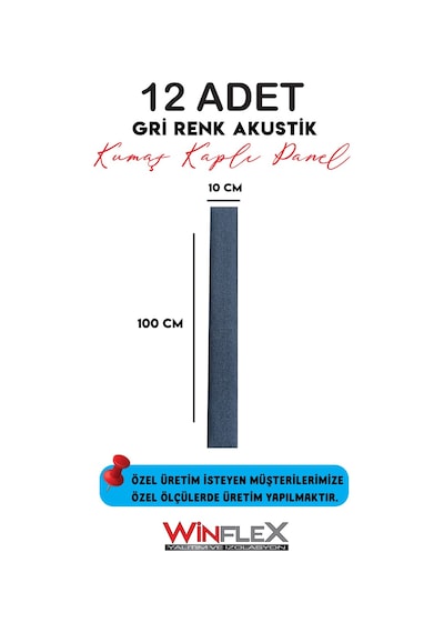 12 Adet Dekoratif Akustik Kumaş Kaplı Panel- 10x100cm Antrasit Antrasit Gri