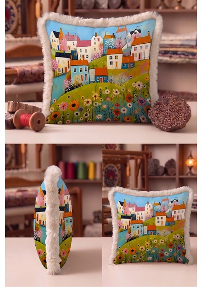 Çiçekli Köy Manzaralı Pastel Saçaklı Yastık Kılıfı - Kır Evleri Boho Krem Püsküllü Kırlent Kılıfı Sakin Esinti Aura Çiçekli Köy Manzaralı Pastel Saçaklı Yastık Kılıfı - Kır Evleri Boho Krem Püsküllü Kırlent Kılıfı Sakin Esinti Aura