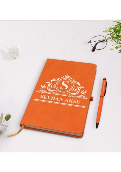 Kişiye Özel İsimli Turuncu Termo Deri Defter Kalem Seti Model 12