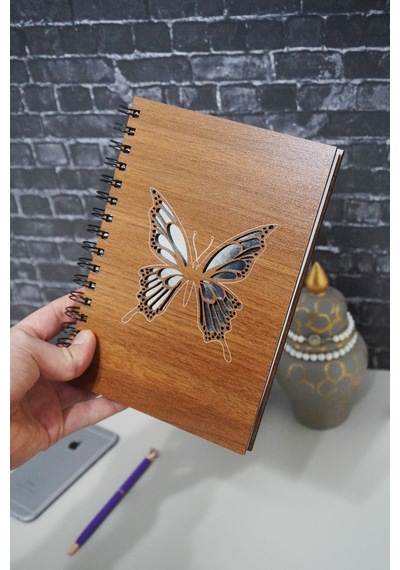 Kelebek Desenli Ahşap Defter - Ajanda - Çizgisiz Resim Defteri Ahşap Rengi Ceviz A5 Notebook
