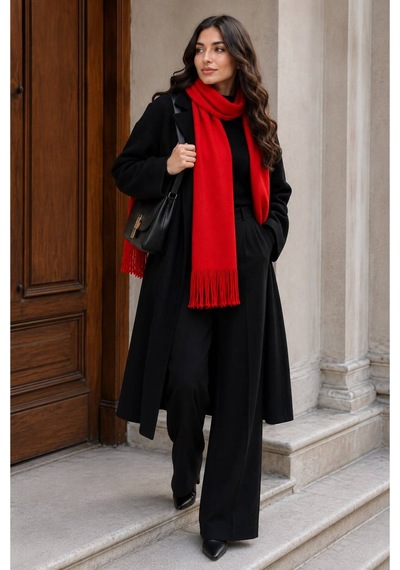 Hıra Co. Kadın Triko Uzun Saçaklı Püsküllü Kışlık Atkı Kırmızı Kırmızı