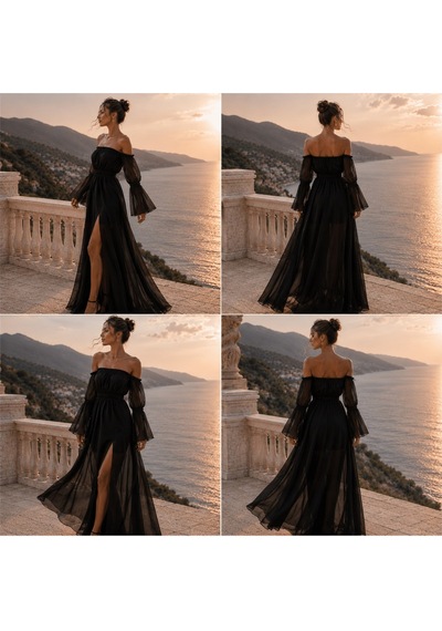 Na Addesıgn Şifon Madonna Yaka Maxi Elbise Siyah & Beyaz Mini Astarlı Tasarım Elbise