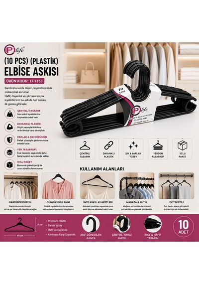 240 Adet Siyah Elbise Askısı Plastik 24x10pcs Belirtilmemis