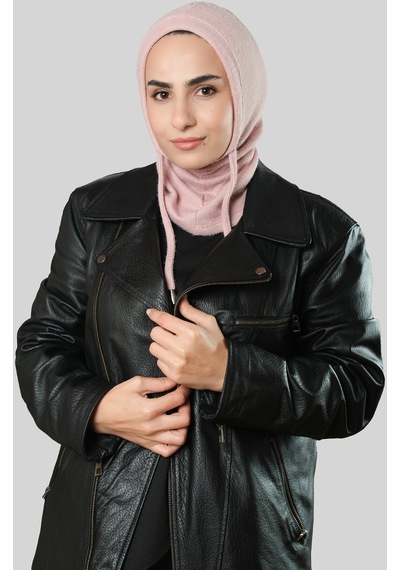 Hürrem Bone Pudra Bağcıklı Peluş Balaklava Boyunluklu Bere Jakar Düz 2327 06 Pudra