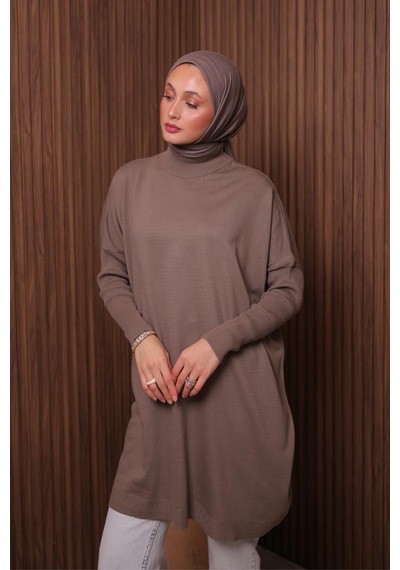 Balenbi Kadın Dik Yaka Basic 80cm Salaş Oversize Triko Tunik 1145 Toprak