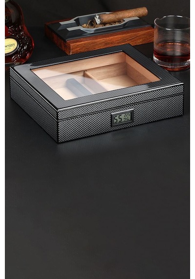 Falconetti Karbon Fiber Siyah Camlı Kısa Humidor Puro Kutusu rc38