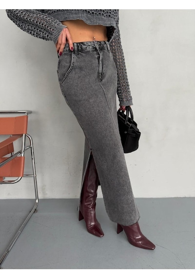 Zeo Basic Yanlardan Yırtmaçlı Füme Jean Maxi Etek Siyah/Füme