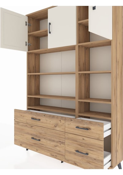Arges Dolap 10 Raflı 4 Çekmeceli 3 Kapaklı 132x30x195 Çam-aytaşı/çam Aytası/atlas Çam