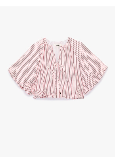 Koton Viskon Bağcıklı Kaçık Yaka Çizgili Ovresize Balon Crop Bluz Kırmızı Çizgili 6sak60465uw Koton Viskon Bağcıklı Kaçık Yaka Çizgili Ovresize Balon Crop Bluz Kırmızı Çizgili 6sak60465uw