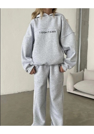 Freedom Store Kadın Nakış İşlemeli 3 İplik Pamuklu Sweat Alt-üst Takım- Gri