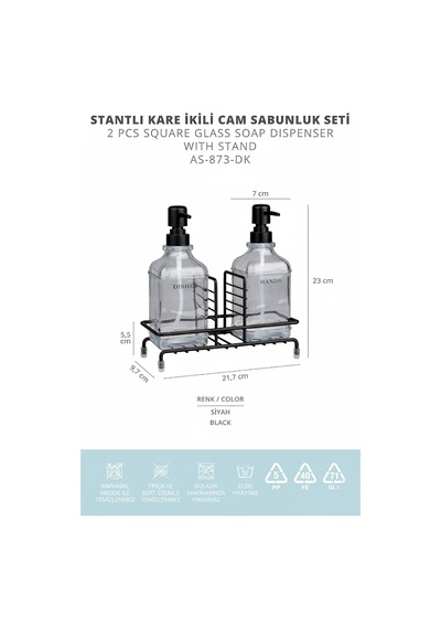 Buççin Online Mağaza Stantlı Kare İkili Cam Sabunluk Seti Şık Mutfak Ve Banyo Sıvı Sabunluk Siyah - Beyaz Metal Stand C Çok Renkli