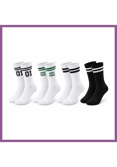 Bezos Unisex Çorap Çizgili 4'lü Set 07 Good Vibes Yazılı Siyah Beyaz Uzun Soket Spor Kolej Stil Rahat Şık Rengaren Çok  Renkli