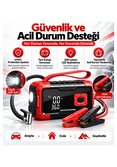 Taşınabilir Akü Takviye Cihazı Ve Dijital Hava Kompresör 1000a 8000 Mah 150 Psı Dijital Ekranlı Led Işıklı Lastik Şişirme