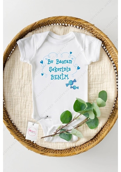 Hediyenza Bu Bayram Şekeriniz Benim Mavi Özel Tasarım Bebek Zıbın Pamuklu Çıtçıtlı Body Beyaz