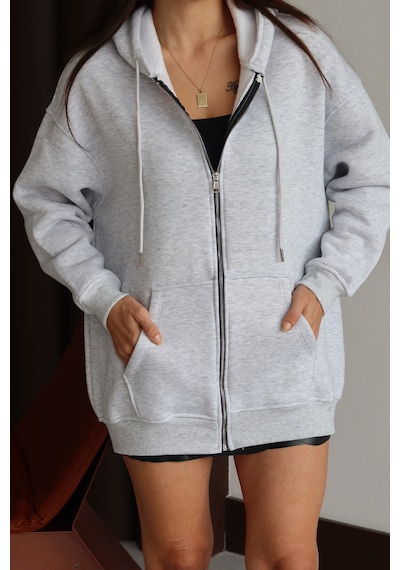 Balenbi Kadın 3 İplik İçi Polarlı Kapüşonlu 75cm Oversize Sweat Hırka 1129 Karmelanj