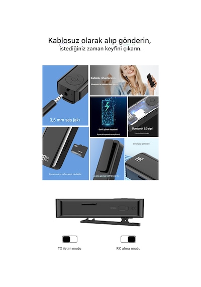 Bluetooth Adaptör 2in1 Alıcı Verici Bluetooth 5.3 Receiver Aux Wireless Araç Hoparlör Bluetooth Kiti
