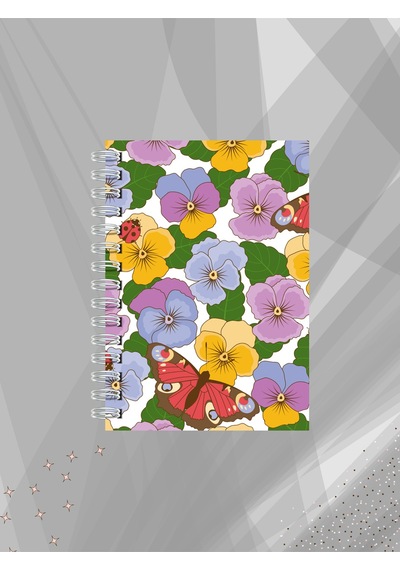 Renkli Menekşe Çiçekli Defter 60 Yaprak / 120 Sayfa Çizgisiz Tel Spiralli Çok Renkli