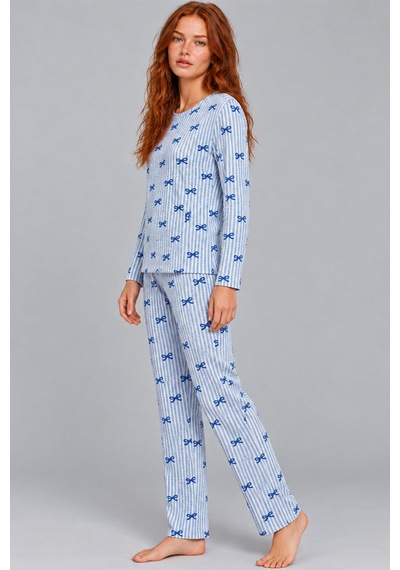 Kadın Desenli İkili Mavi Rahat Pijama Takımı 4815
