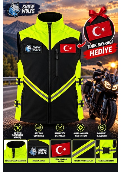 Snow Wolfs Softshell Kumaş, Suya Dayanıklı Motorcu Yeleği, Reflektörlü, Yanlarından Ayarlanabilir Siyah