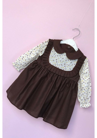 Bebe Yaka Pileli Çiçekli Kahve Kız Çocuk Bebek Elbise 001