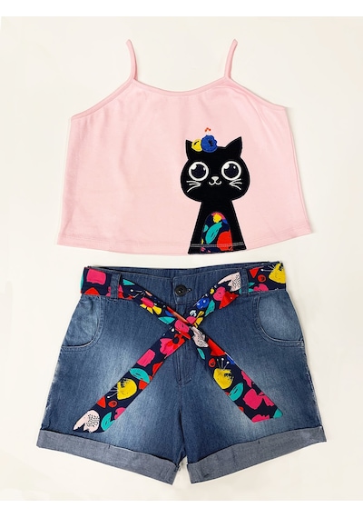 Denokids Mshb&g Çiçek Bahçesi Kız Çocuk T-shirt Denim Şort Takım Çok Renkli