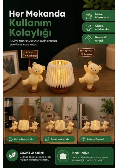 Mutfak Ve Kahve Köşesi Dekorasyon Seti - Işıklı Mini Lamba Ve Mottolu Ayıcık Biblo Figürleri .
