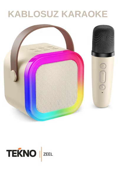 Teknozeel Mikrofonlu Karaoke 5 Ses Efektli Rgb Led Işıklı Bluetooth Kablosuz Hoparlör Ses Bombası Bej Renk