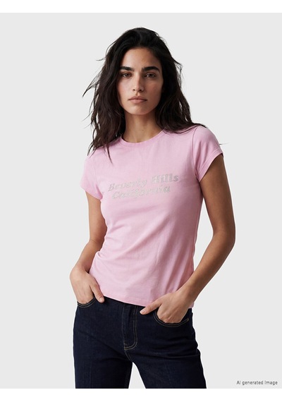 Lcw Vision Pembe Beverly Hills Taş Baskılı Kadın Tişört