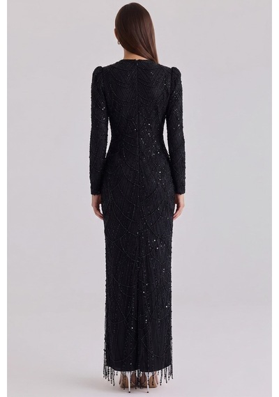 Olcay İnci Ve Pul Bezeli Exclusive Tesettür Abiye Elbise Siyah 1039