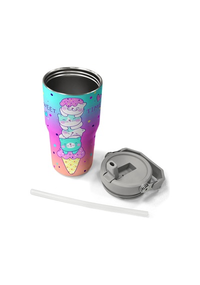 Coral High Renkli Dondurmalı Kedi Desenli Katlanır Ağızlıklı Çelik Termos 600 Ml 38914 Pembe