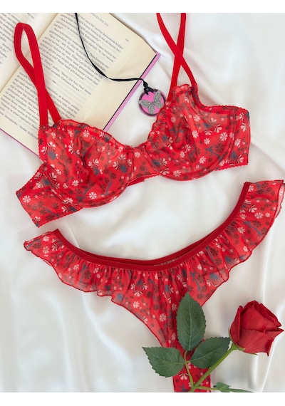 Arinda Butterfly Kırmızı Tül Çiçek Desenli Balenli Kapsız Fırfırlı Bralette Sütyen Tanga İç Çamaşırı Takımı Alt Üst 2 Parça