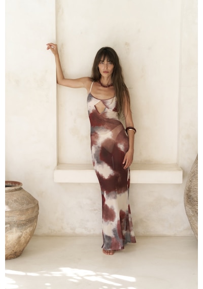 Mai Collection Mai Studios Co. Diavonesta Bağcık Detay Dekolteli Bordo Uzun Elbise Bordo