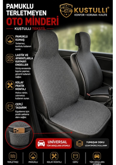 Kustulli 3'lü Pilot Terletmeyen Oto Koltuk Kilim Minder Cepli Model Gri Ön Arka Koltuk Minderi
