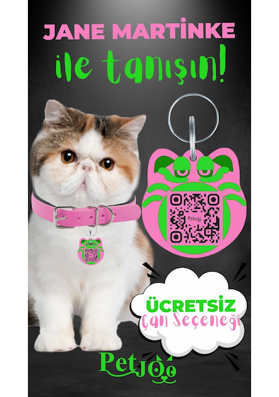 Petjoo 5.Jane Martinke Yeşil-Pembe Qr'lı Kedi Künyesi