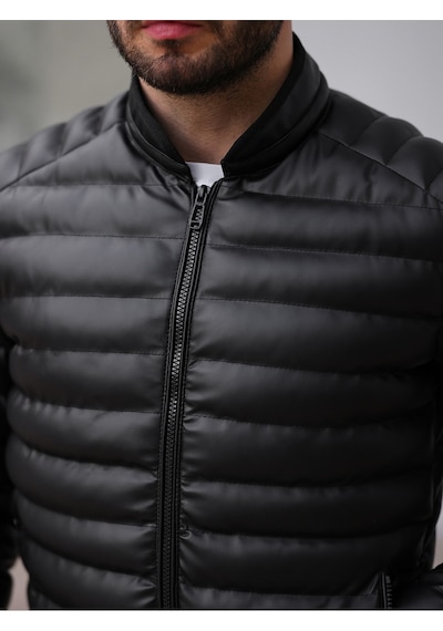 Slim Fit Deri Şişme Mont Siyah
