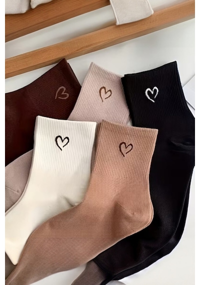 Hitit Socks Kadın 5 Çift Premium Kalite Mini Kalp Desenli Günlük Kullanım Sevimli Kolej Çorabı Çok Renkli