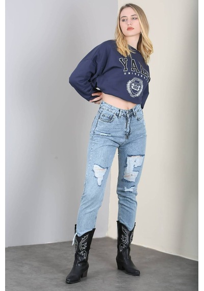 Madmext Mad Girls Mavi Yırtık Mom Jean Mg1163-Mavi