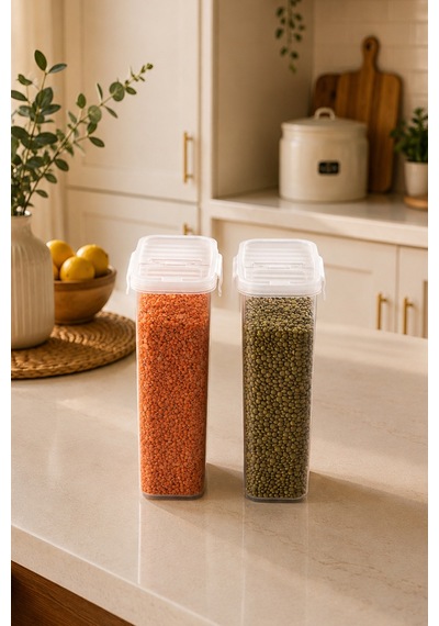 Porsima L-00895-2 2'li Erzak Saklama Kabı Seti Hava Geçirmez Kapaklı,düzenleyici Mutfak Saklama Kabı,tablet Toz Deterjan Saklama Kabı 2,5 Litre Şeffaf Seffaf