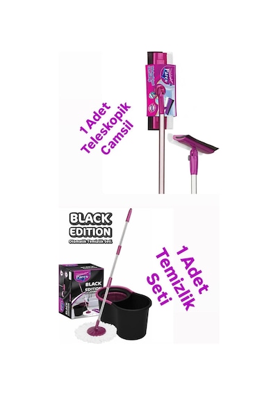 Mop Black Edition Döner Başlıklı Temizlik Seti Ve 2 Adet Yedek Mop