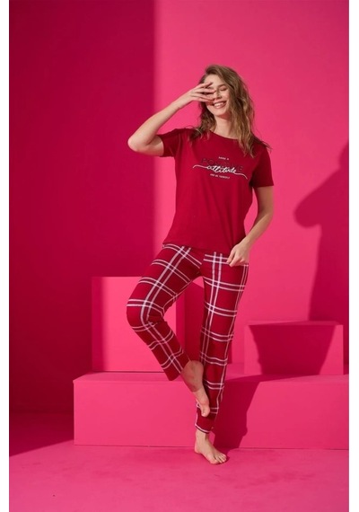 Eliz 7001-23 Kırmızı Kısa Kol Pamuk Kadın Pijama Takımı Çok Renkli